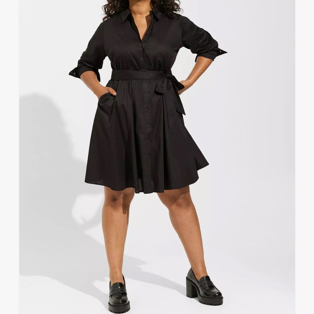 Torrid Mini Poplin Shirtdress Deep Black Belted Stretch Cotton 2023 NWT-2 - Picture 1 of 12